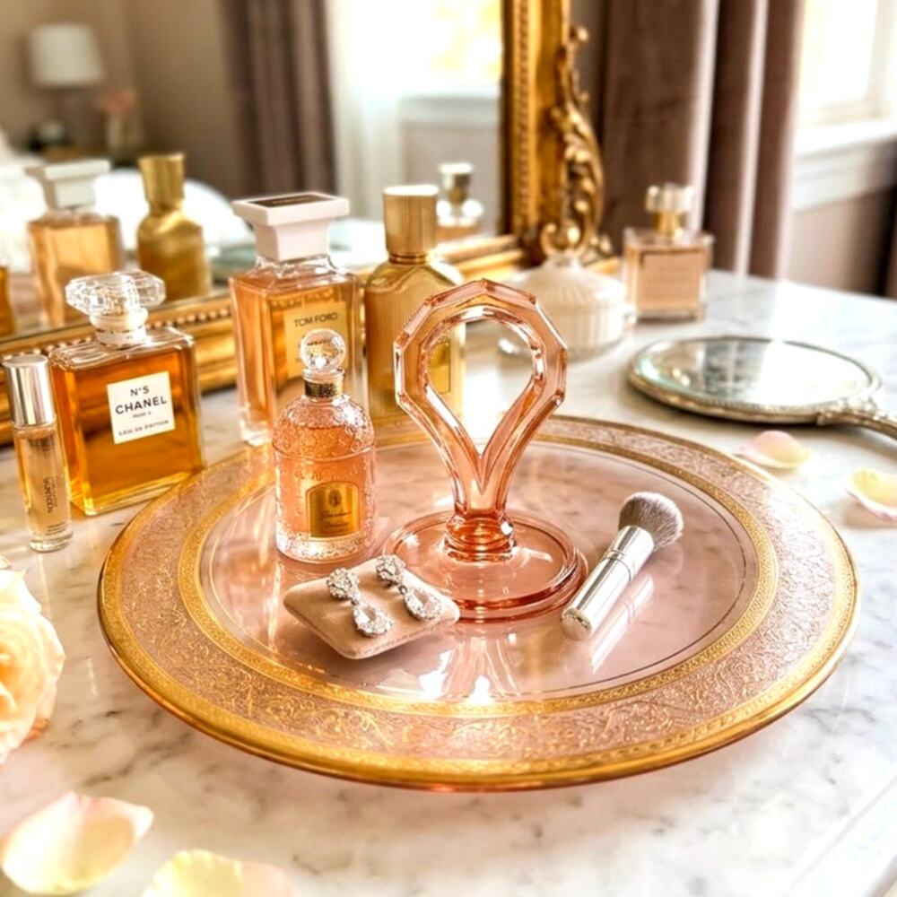 pink depression glass center-handle tray plate catchall vanity decor vintage